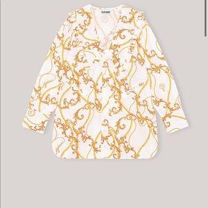 PRINTED COTTON POPLIN V-NECK FRILL COLLAR WIDE SHIRT, GANNI. Size 34/small